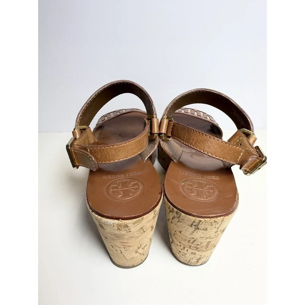 Tory Burch Regan Cork Wedge T Logo Brown Leather Sandal's Women's Size 9.5